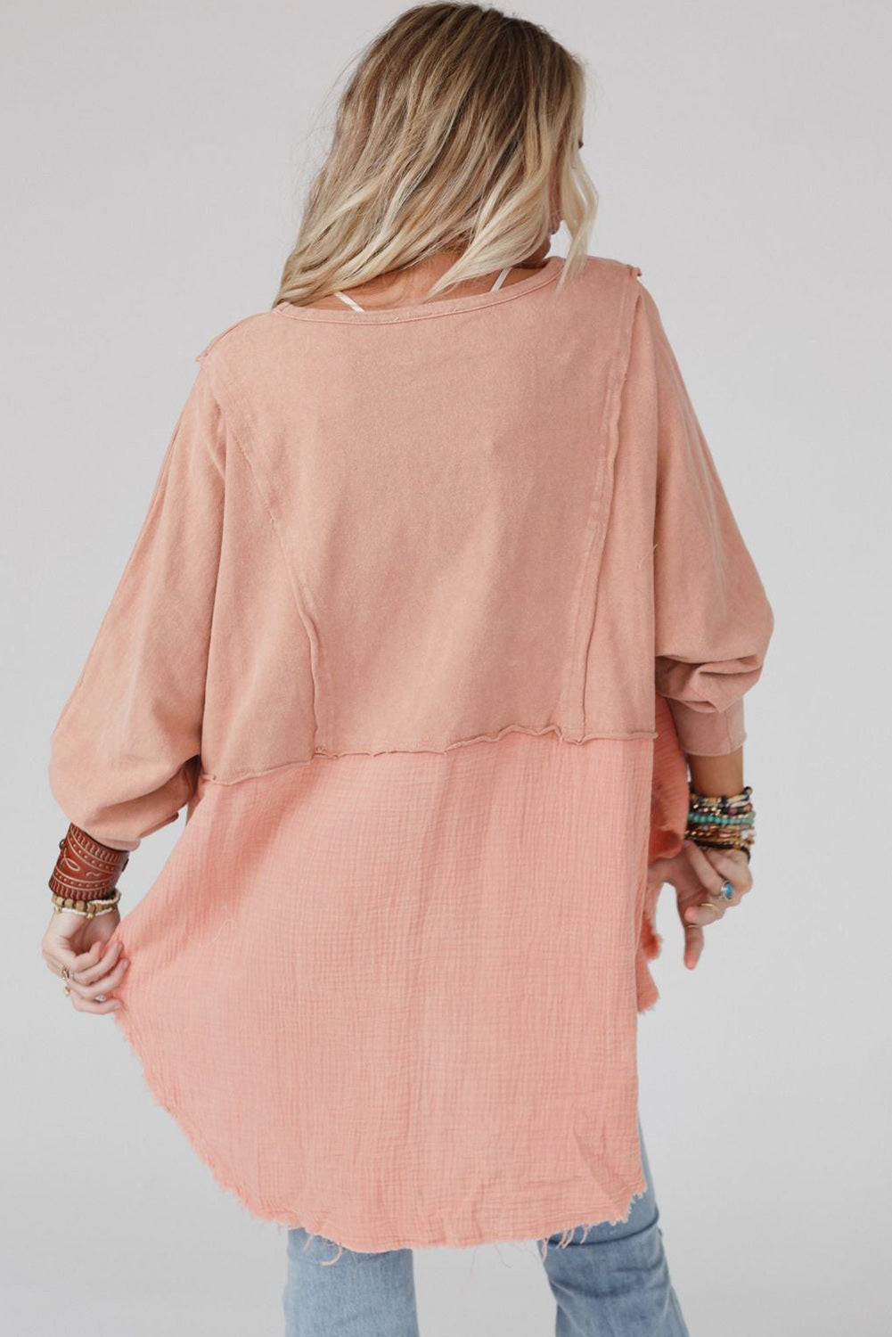 Oversized Crinkle Splicing Raw Hem Long Sleeve Top