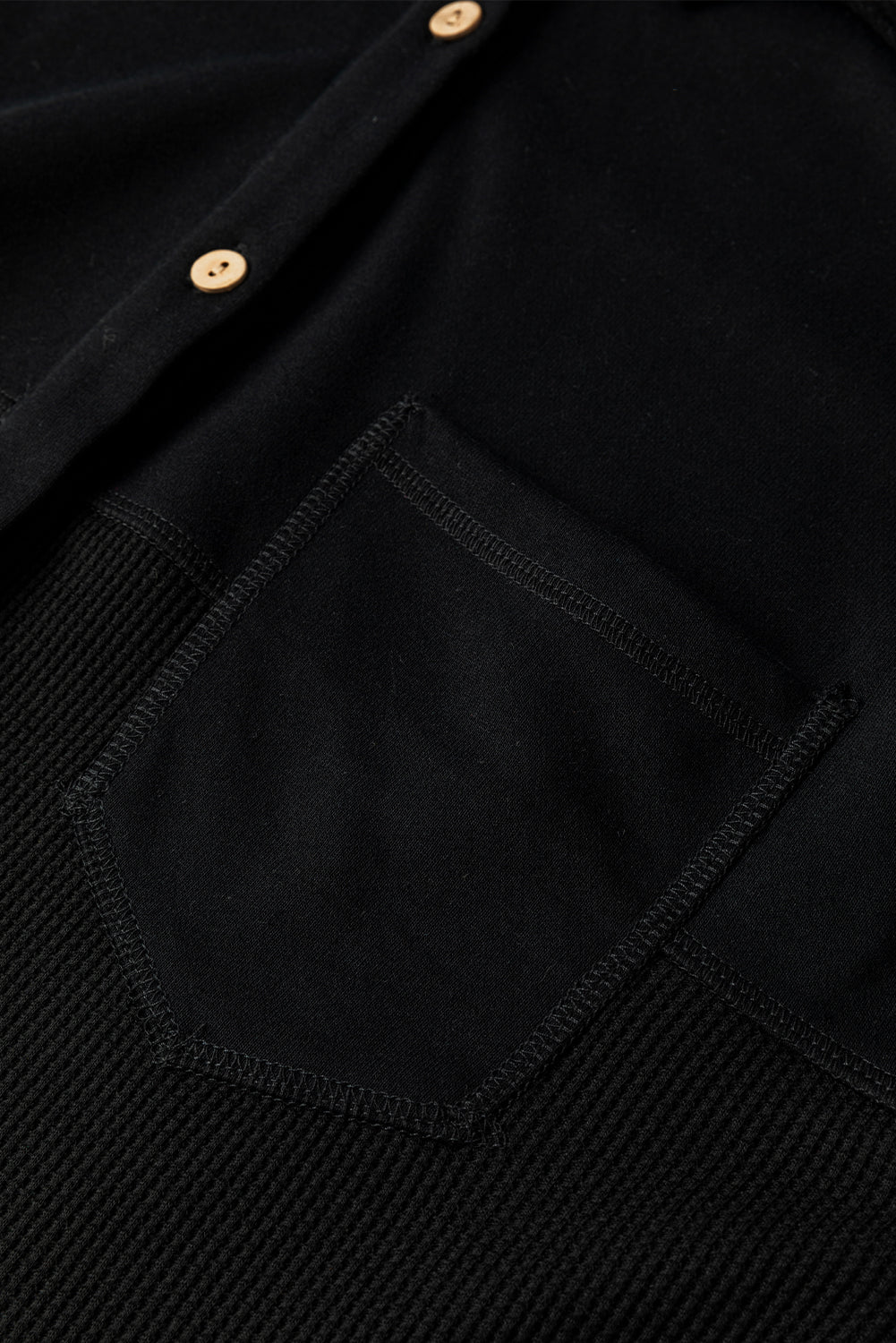 Black Waffle Knit Button Down Shacket Oversized Long Sleeve Top