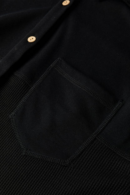 Black Waffle Knit Button Down Shacket Oversized Long Sleeve Top