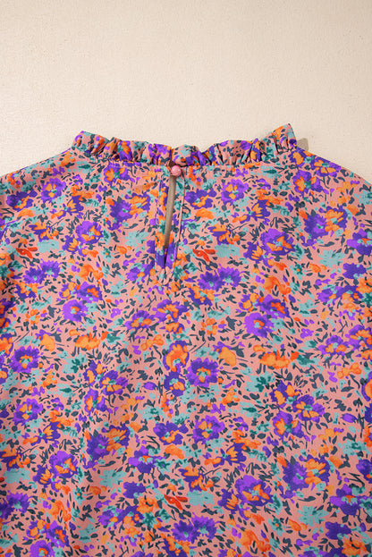 Purple Floral Allover Print Shirred Cuff Frilled O Neck Blouse