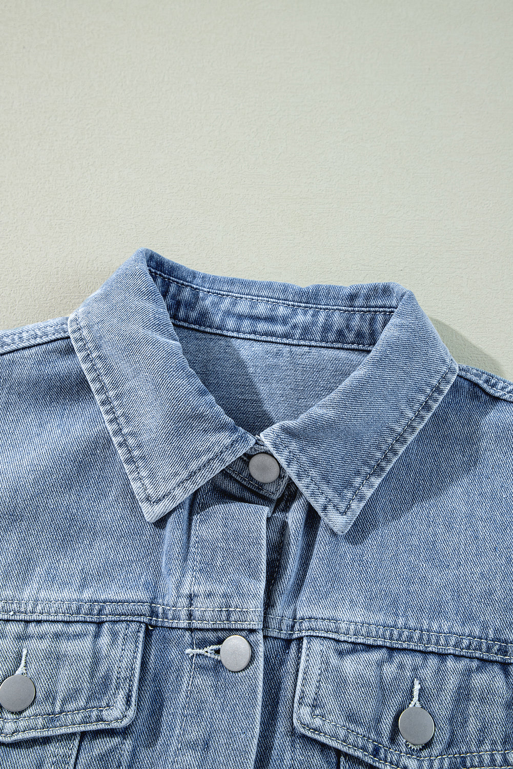 Beau Blue Ruffle Raw Hem Flap Pocket Denim Jacket