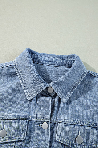 Beau Blue Ruffle Raw Hem Flap Pocket Denim Jacket