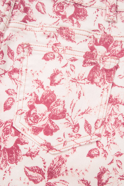 Pink Vintage Floral Print Wide Leg Denim Pants