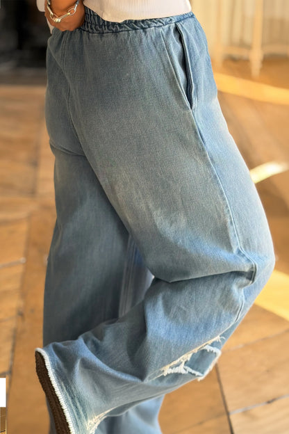Floral Patch Denim Jeans Wide Leg Raw Hem Pants