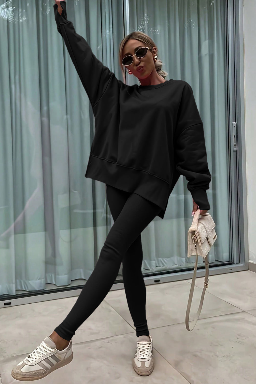 Solid Oversize Slit Sweatshirt with Ribbed Leggings Set