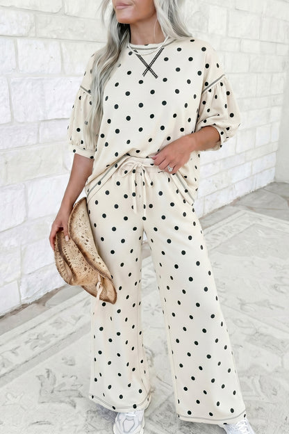 Polka Dot Puff Sleeve Wide Leg Two Piece Pants Set