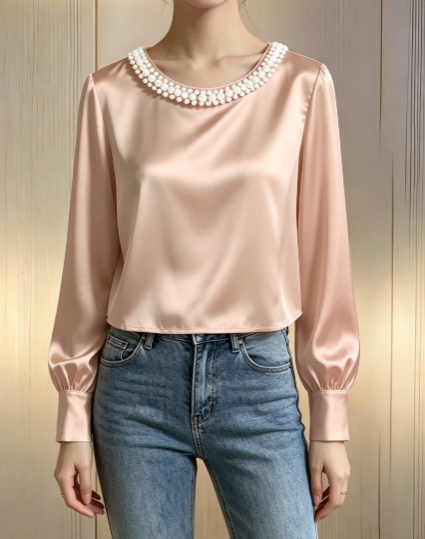 Elegant Satin Pearl Neck Blouse Long Sleeve Top