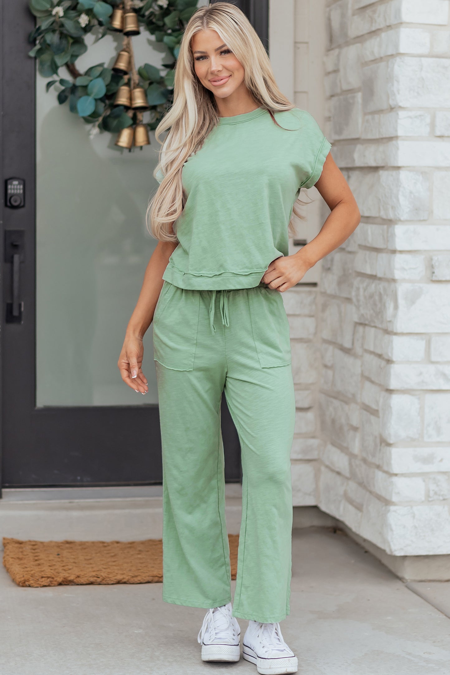 Cuffed Short Sleeve Tee Raw Seam Pocket Drawstring Pants Set