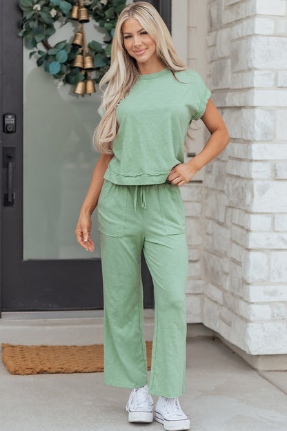 Cuffed Short Sleeve Tee Raw Seam Pocket Drawstring Pants Set