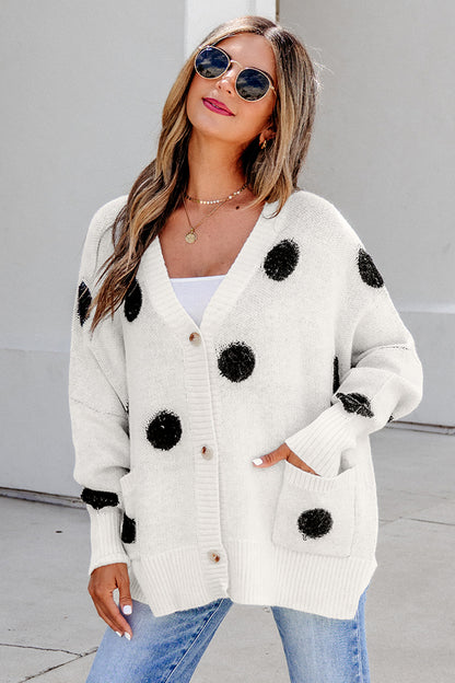 Polka Dot Oversized V Neck Knit Cardigan Sweater