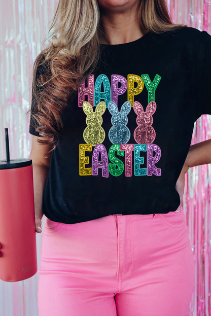 Black Sequin HAPPY EASTER Bunny Graphic Tee