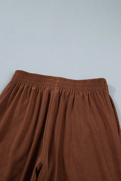 Coffee Elastic Waist Straight Leg Ankle Length Corduroy Pants