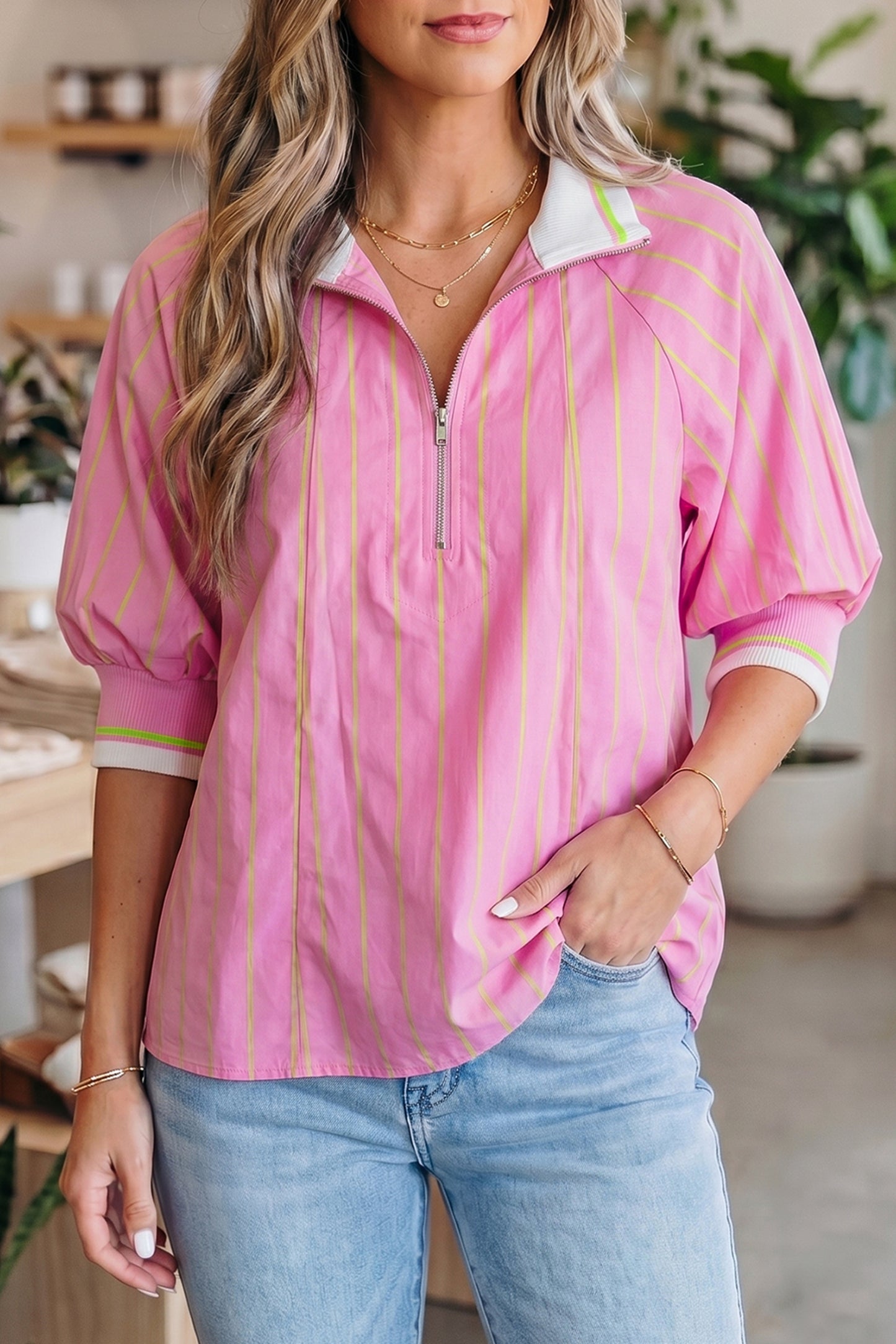 Pink Stripe Half Zip Blouse Puff Sleeve Casual Boutique Top