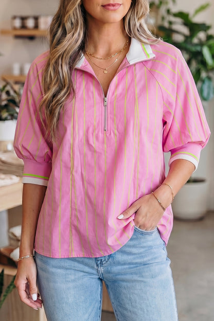 Pink Stripe Half Zip Blouse Puff Sleeve Casual Boutique Top