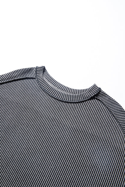 Dark Khaki Twist Ribbed Exposed Seam Detail Long Sleeve Loose Top