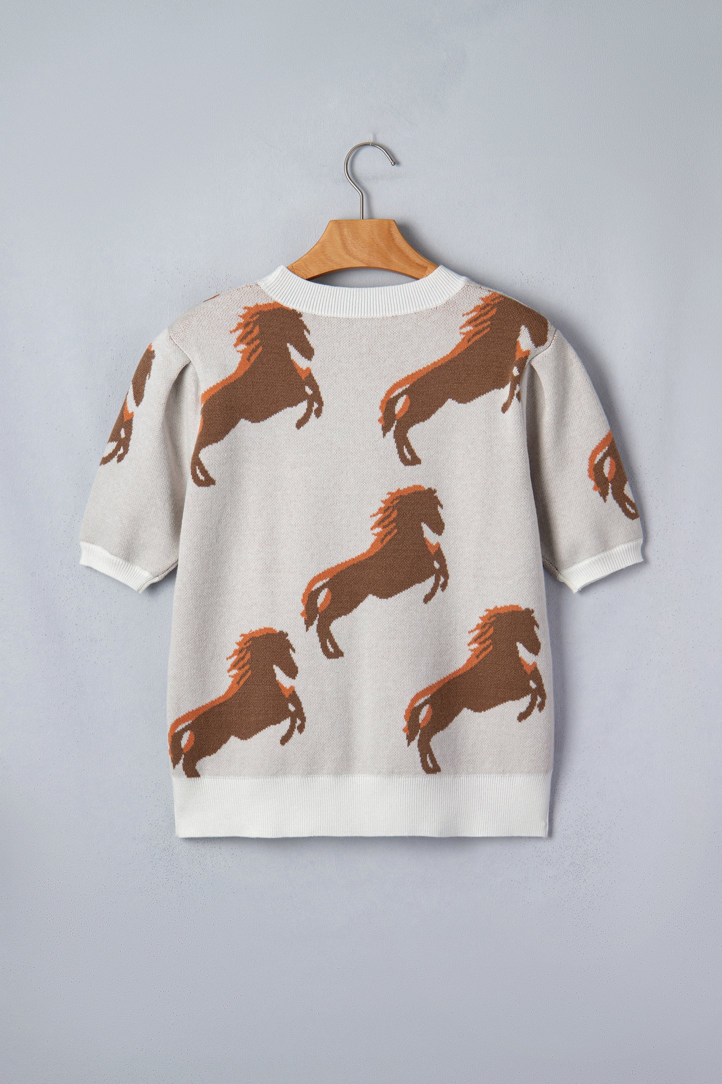 Western Horse Print Puff Sleeve Knit Sweater Top