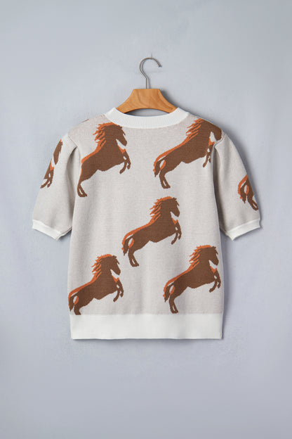 Western Horse Print Puff Sleeve Knit Sweater Top