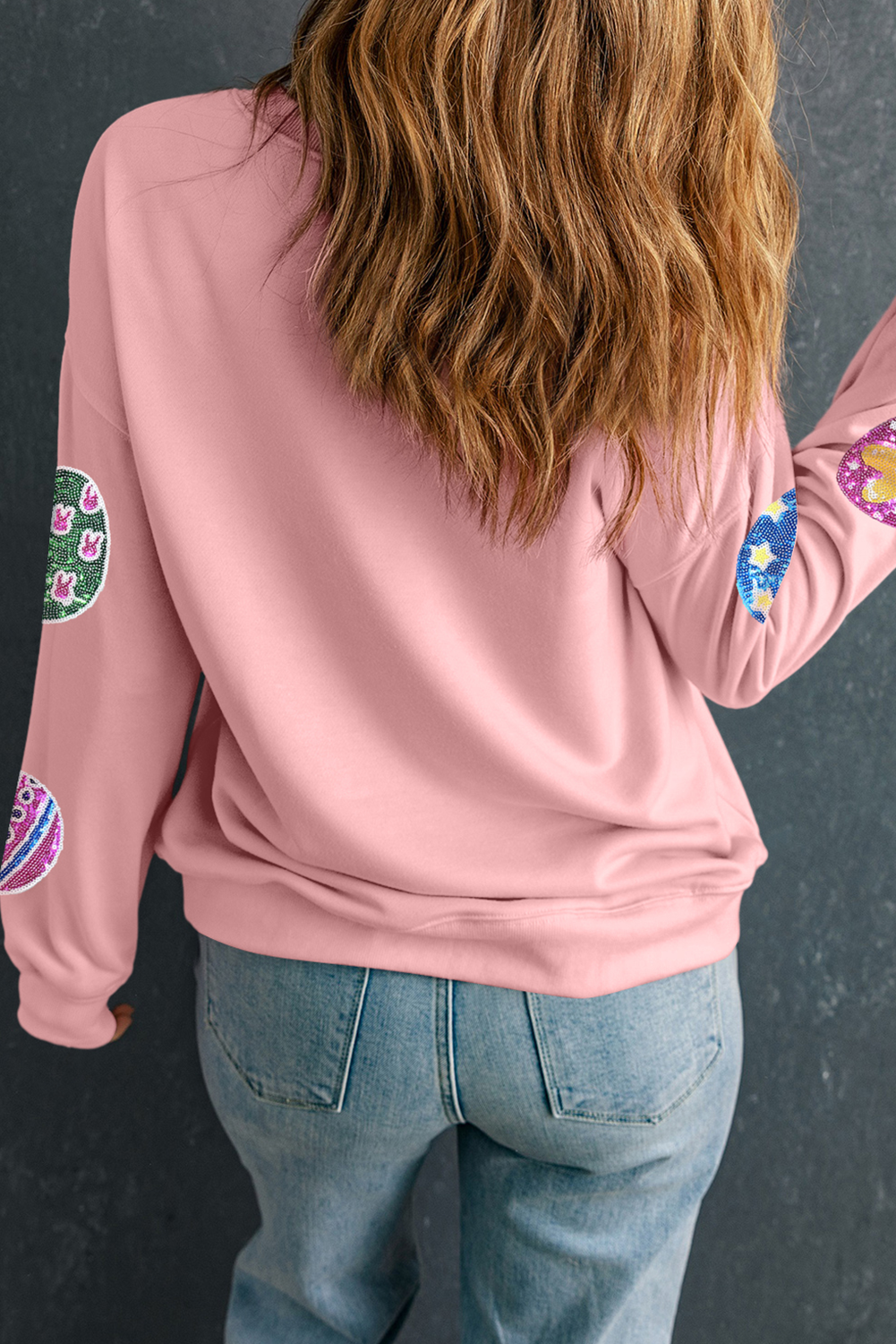 Pink Easter Egg Sequin Graphic Casual Pullover Sweatshirt