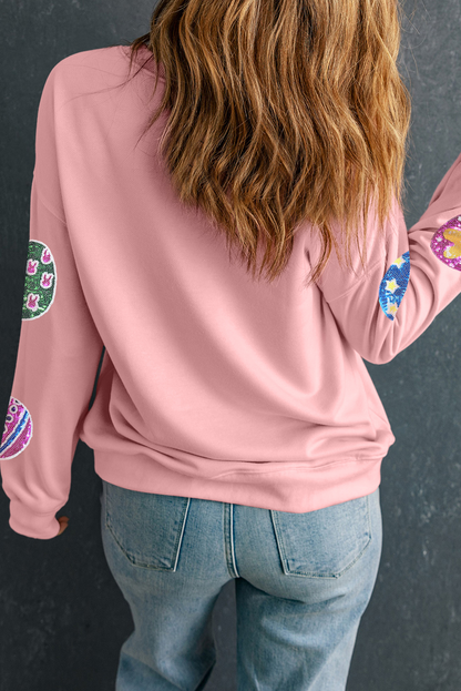 Pink Easter Egg Sequin Graphic Casual Pullover Sweatshirt