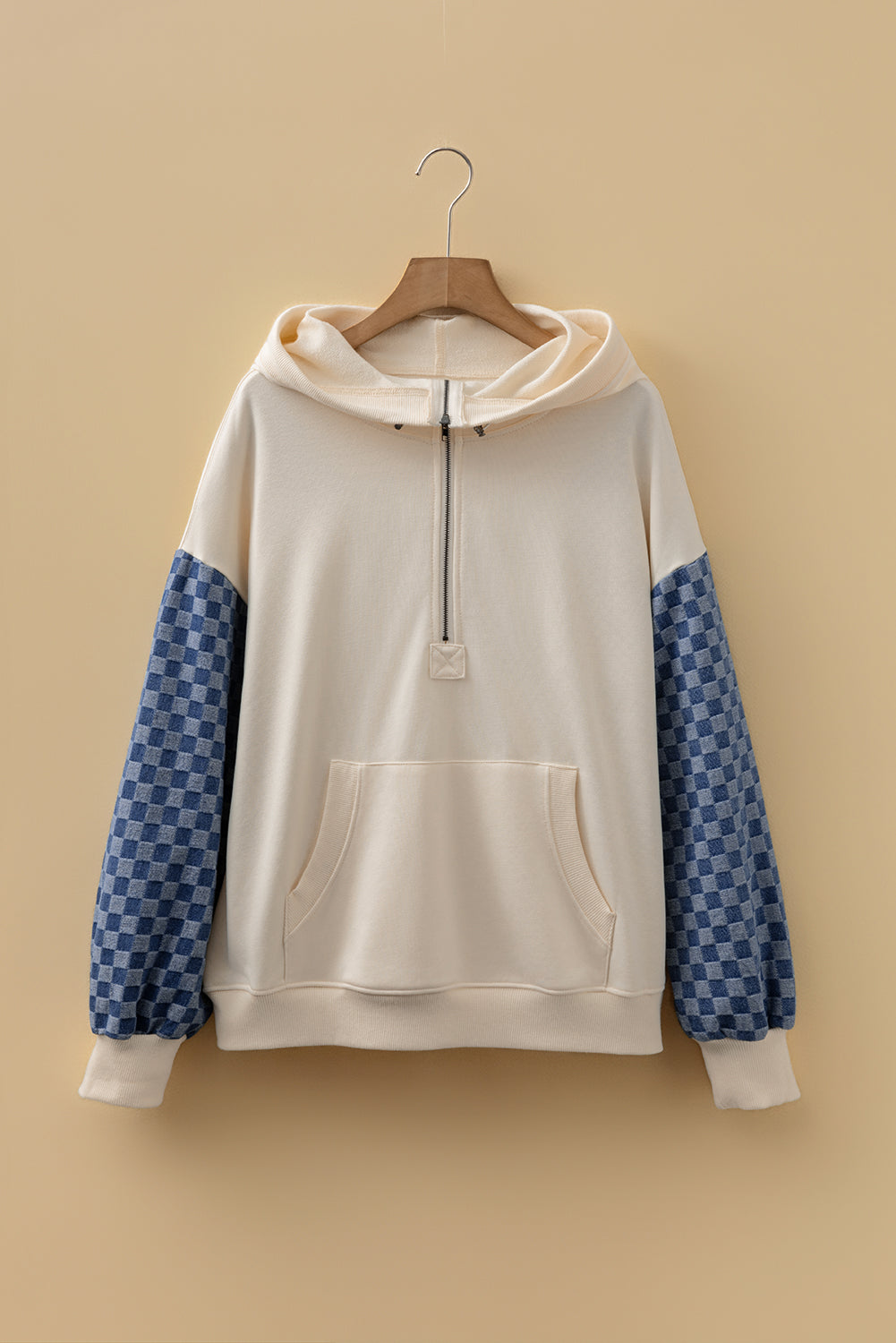 Bonbon Checkered Patchwork Half Zip Hoodie with Pocket