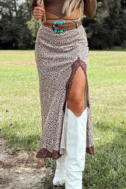 Cheetah Print Lace Trim Split Maxi Western Skirt