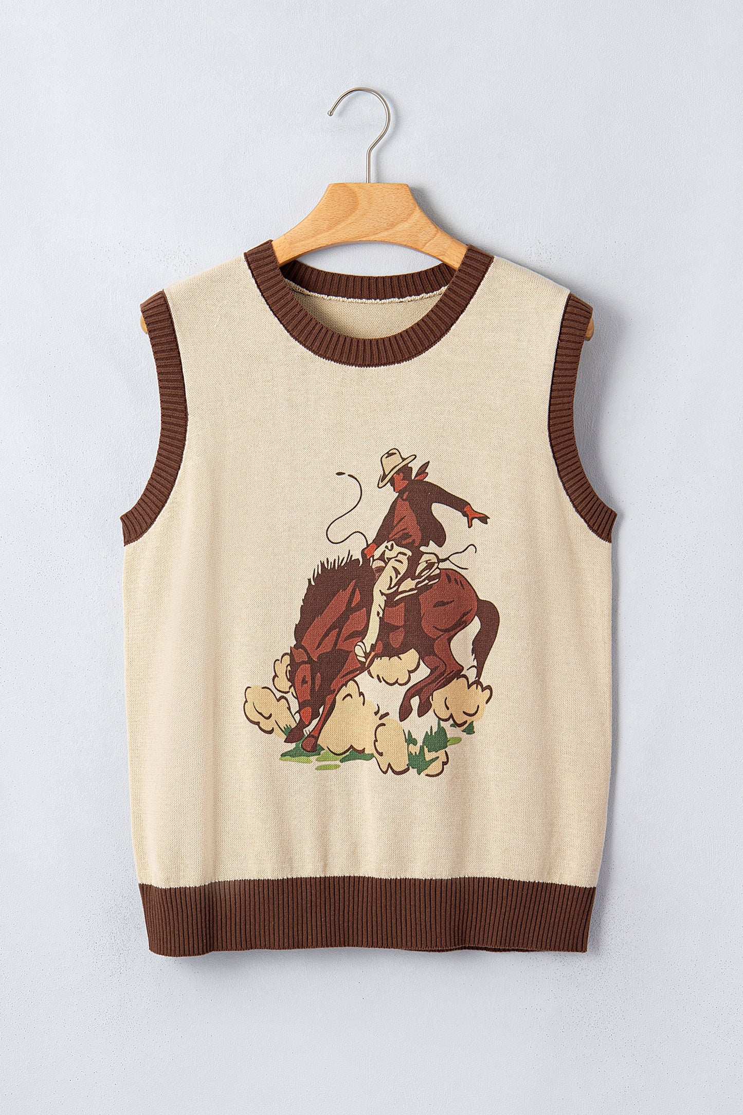 Khaki Western Cowboy Horse Print Knit Sweater Vest