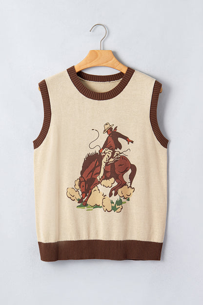 Khaki Western Cowboy Horse Print Knit Sweater Vest