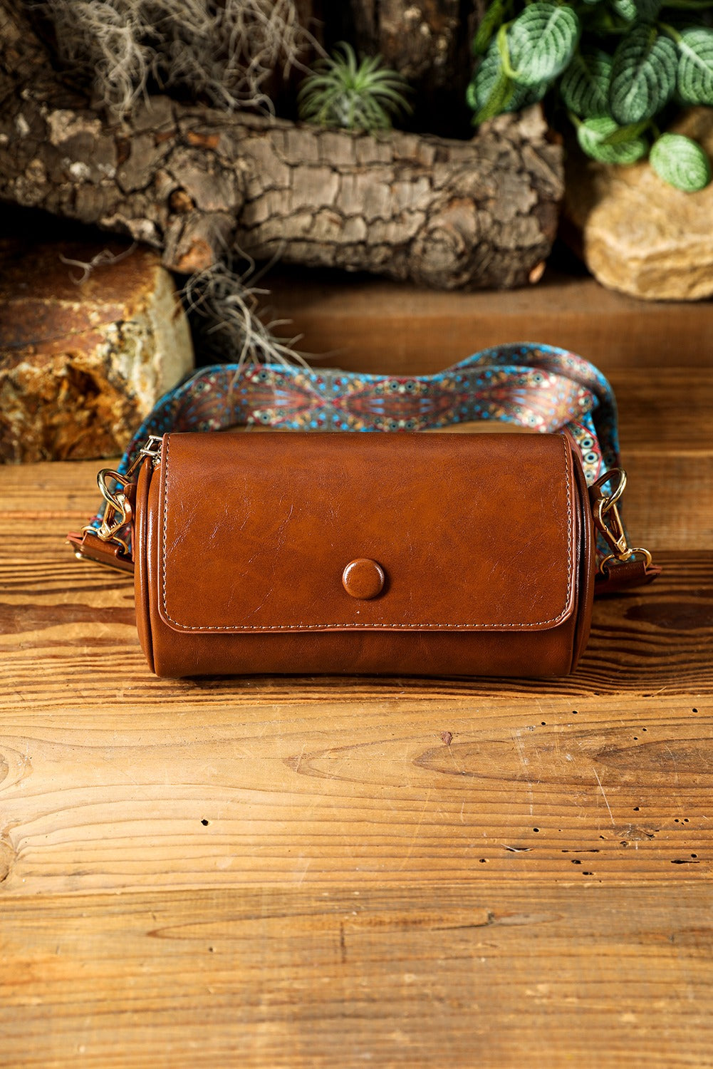 Chestnut PU Leather Flap Shoulder Bag with Retro Print Wide Strap