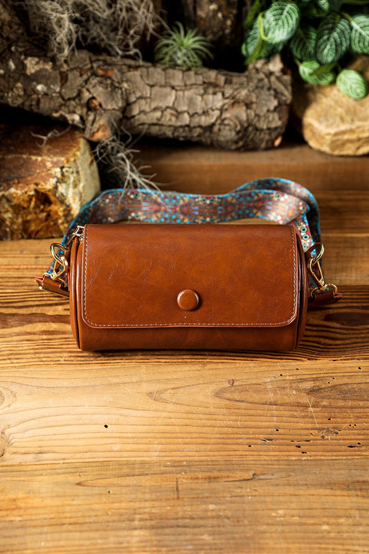 Chestnut PU Leather Flap Shoulder Bag with Retro Print Wide Strap