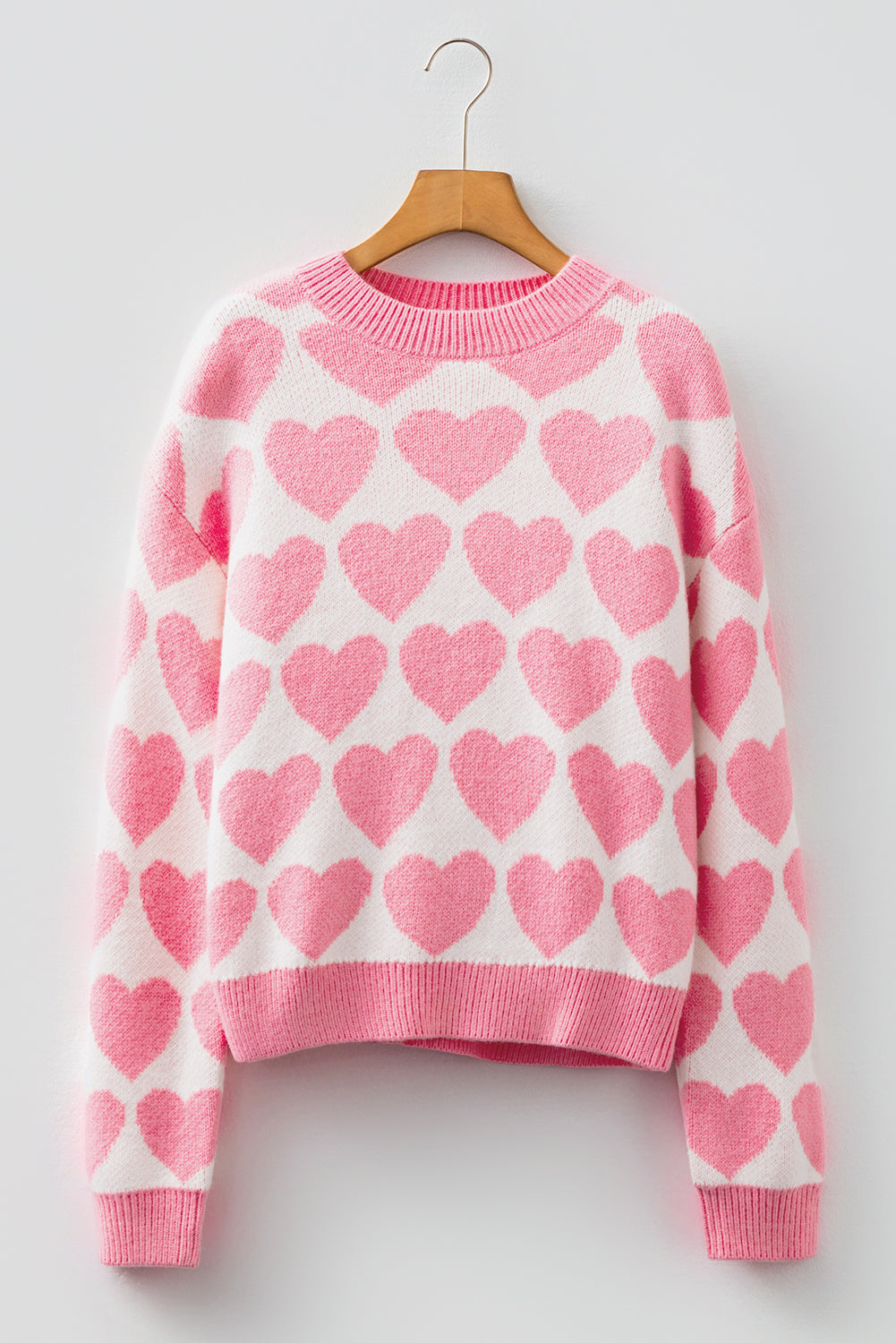 Pink Valentine Heart Print Cozy Knit Sweater for Women