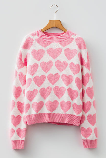 Pink Valentine Heart Print Cozy Knit Sweater for Women