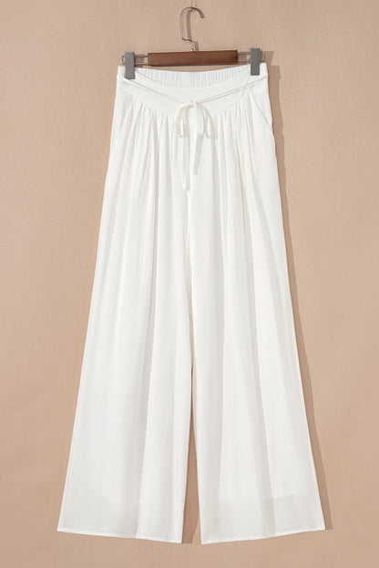 White High Waist Drawstring Wide Leg Palazzo Pants