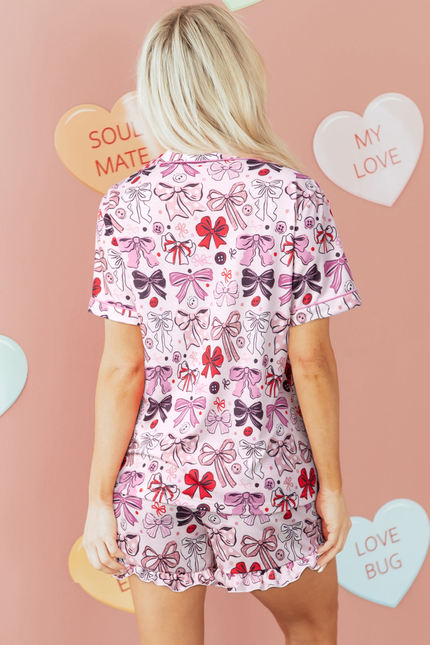 Pink Cute Ribbon Bows Printed Shirt Style 2pcs Pajama Set