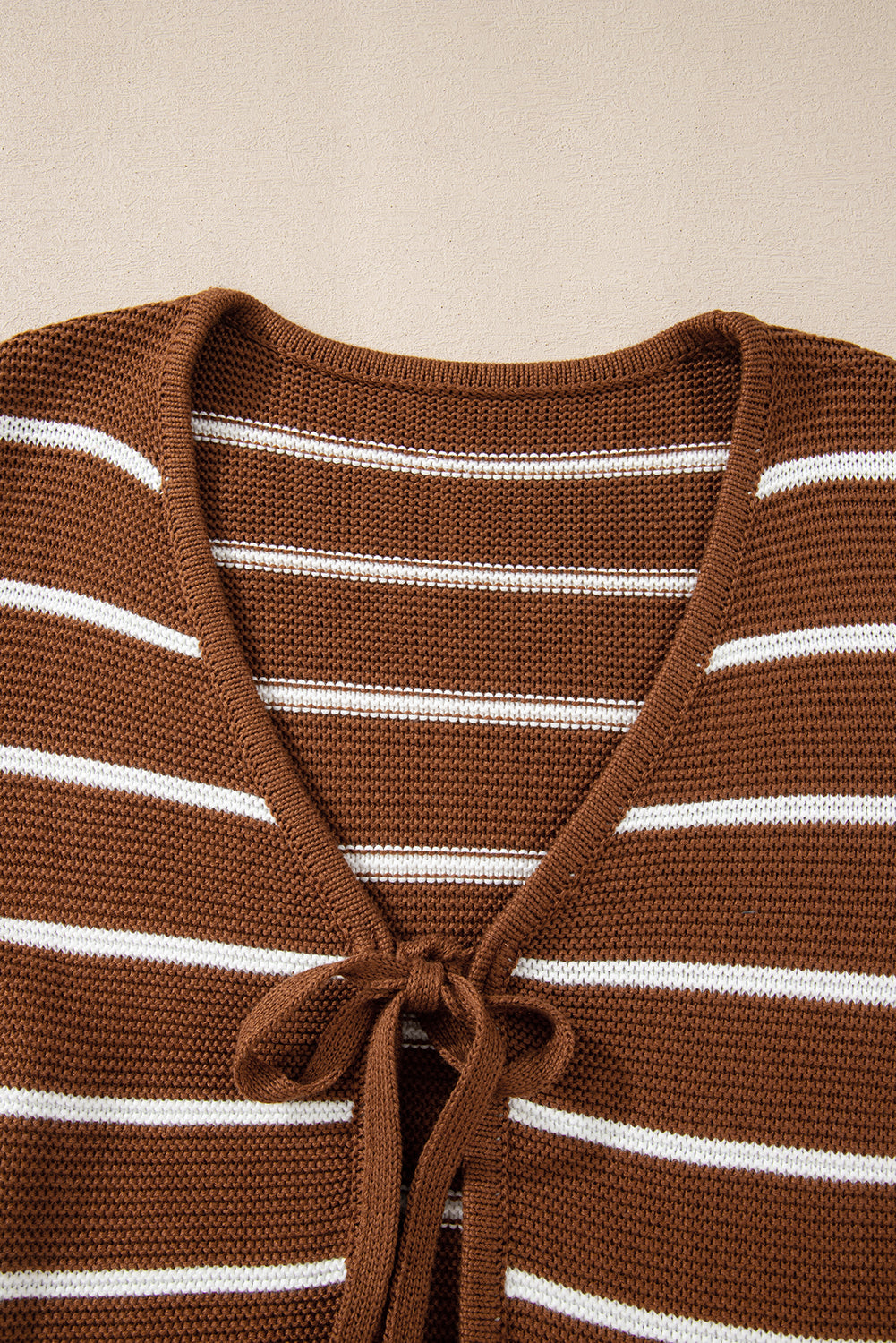 Chestnut Striped Knit Tie Front V Neck Cardigan Sweater