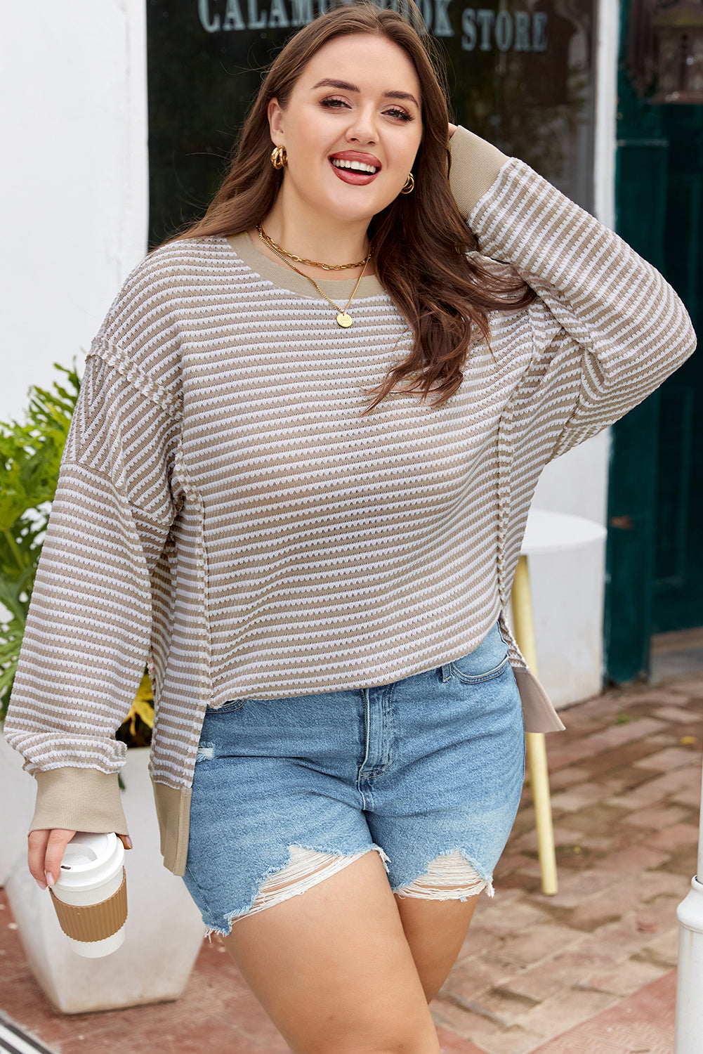Plus Size Brown Stripe Knit Long Sleeve Ribbed Top