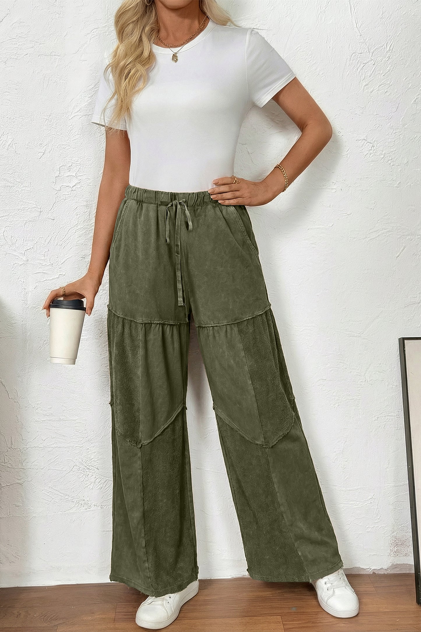 Women's Black Mineral Wash Wide Leg Patchwork Pants