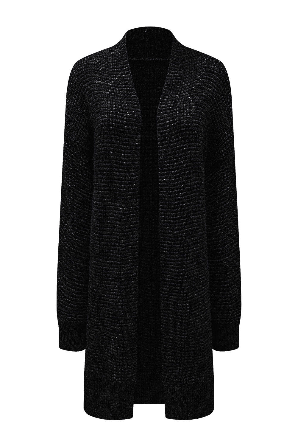 Black Plaid Knitted Long Open Front Cardigan