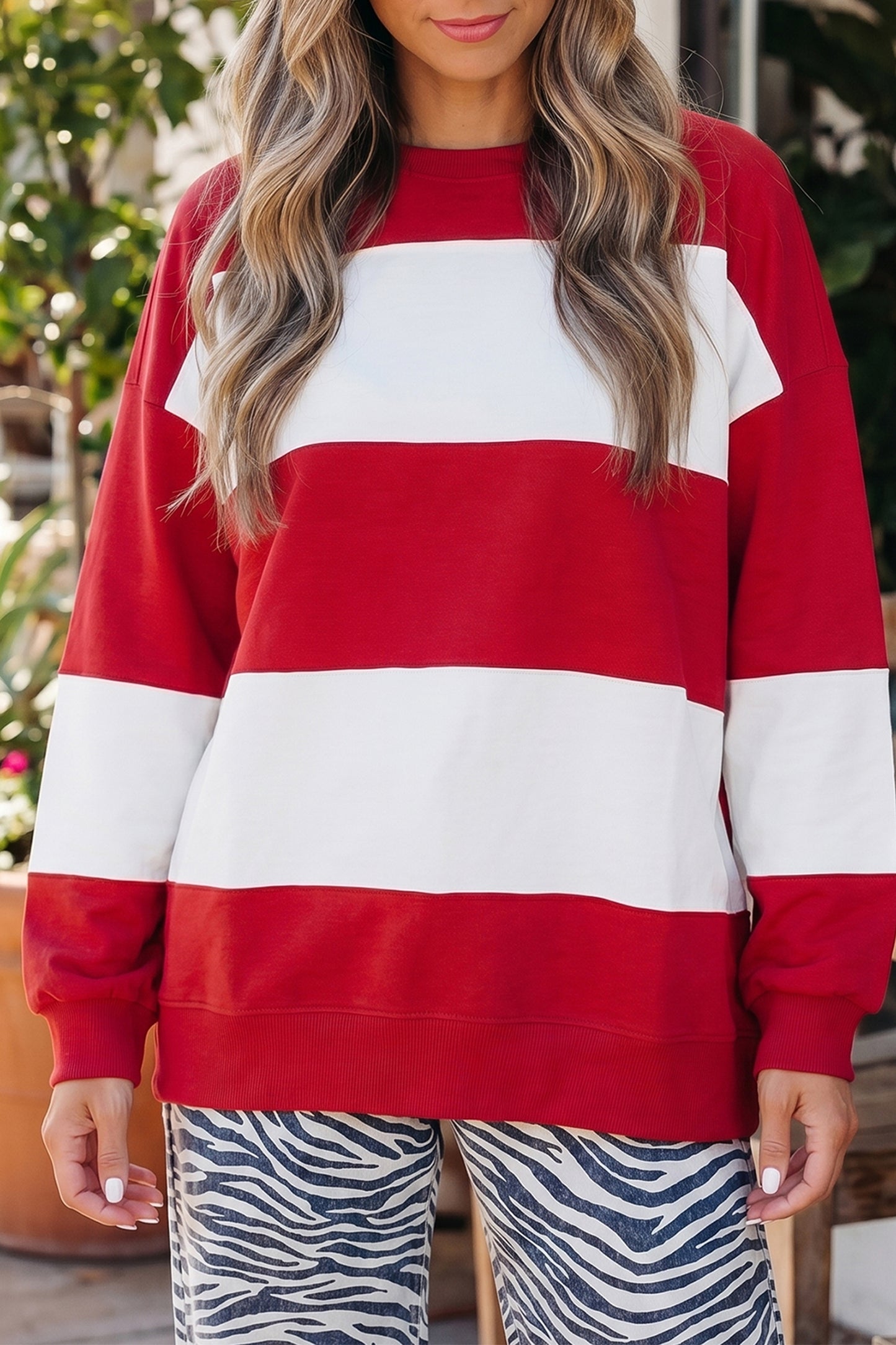 Red Color Block Oversized Sweatshirt Drop Shoulder Pullover