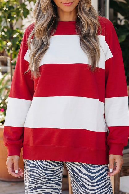 Red Color Block Oversized Sweatshirt Drop Shoulder Pullover