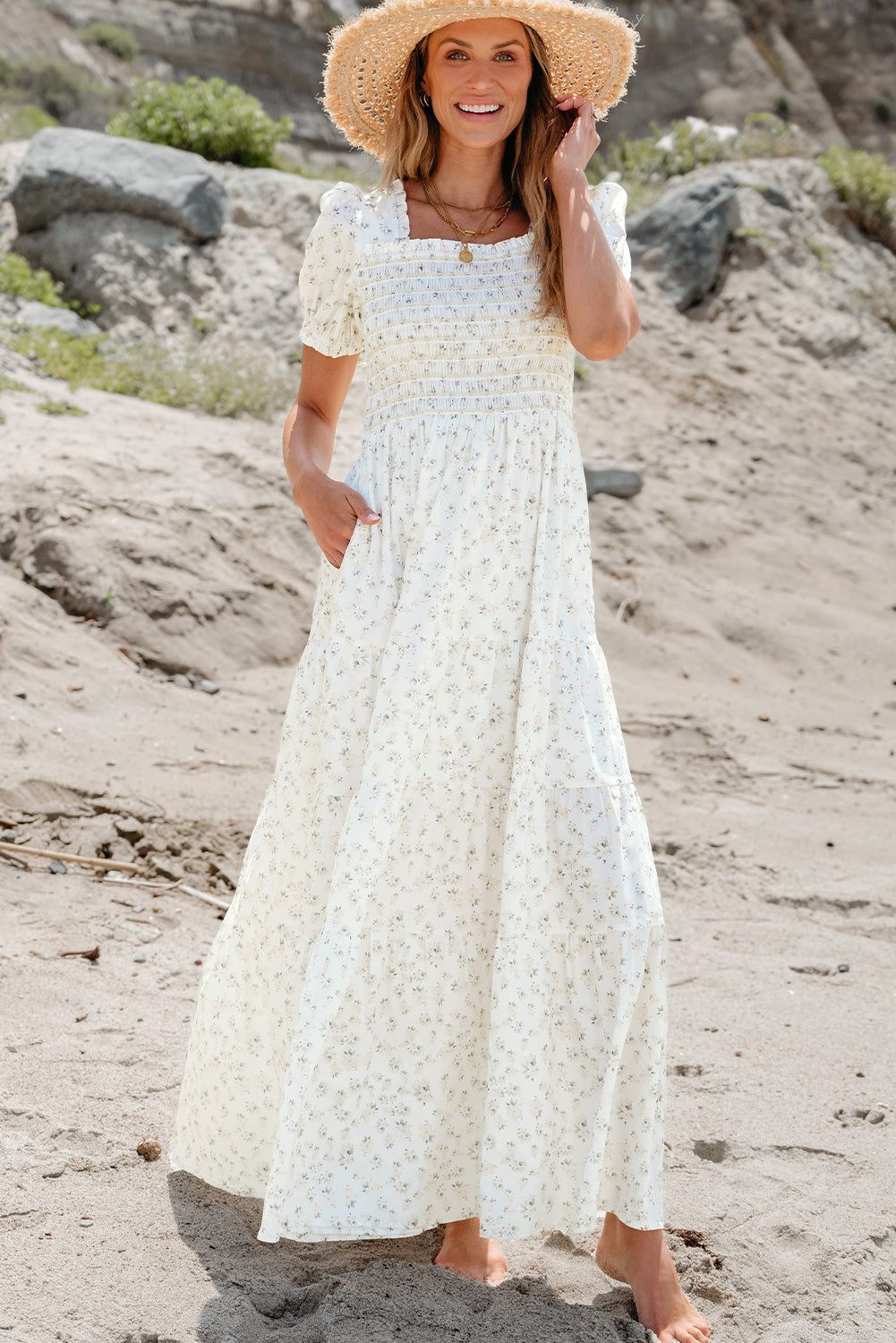 White Floral Shirred Smocked Tiered Maxi Dress