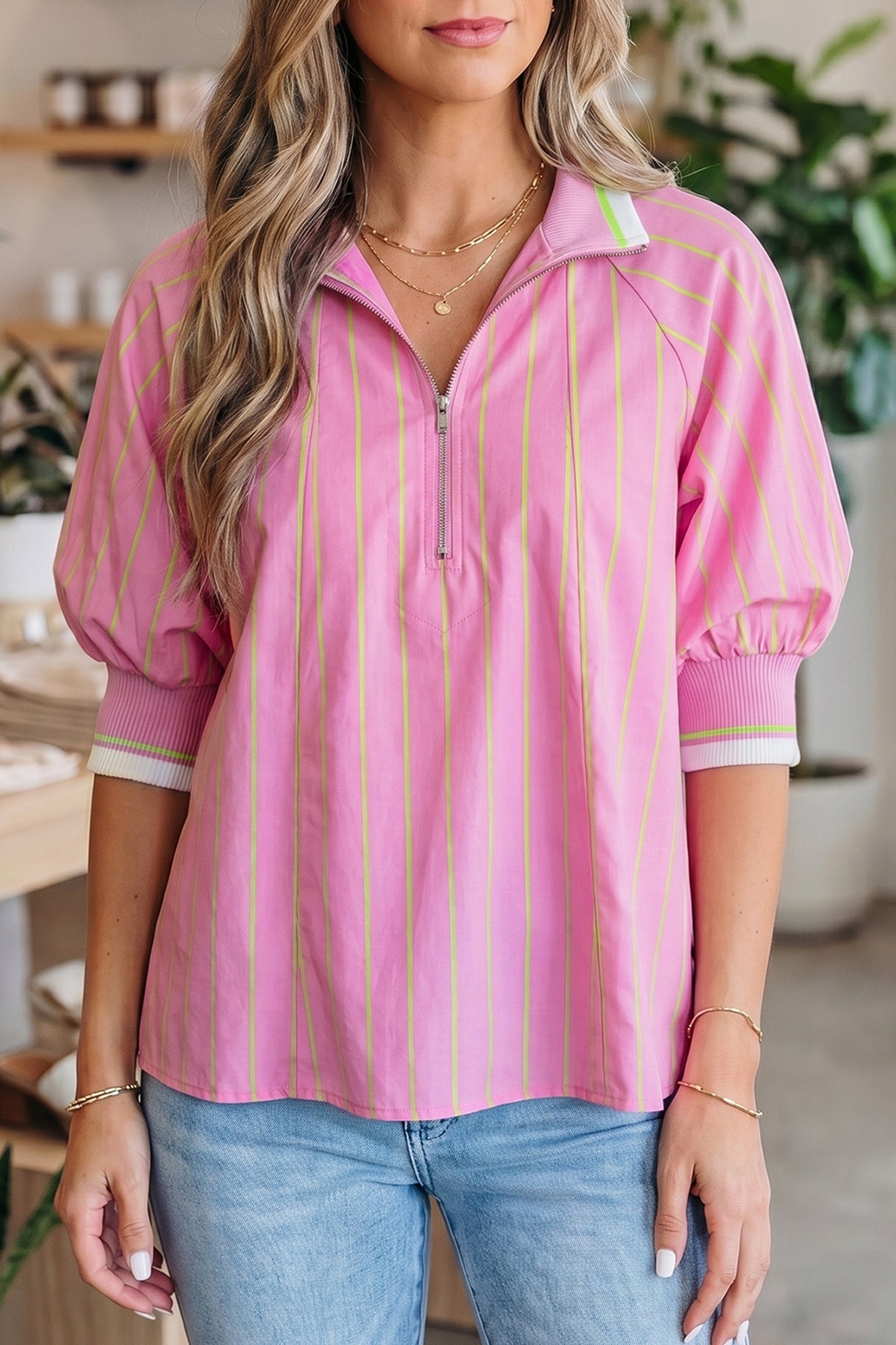 Pink Stripe Half Zip Blouse Puff Sleeve Casual Boutique Top