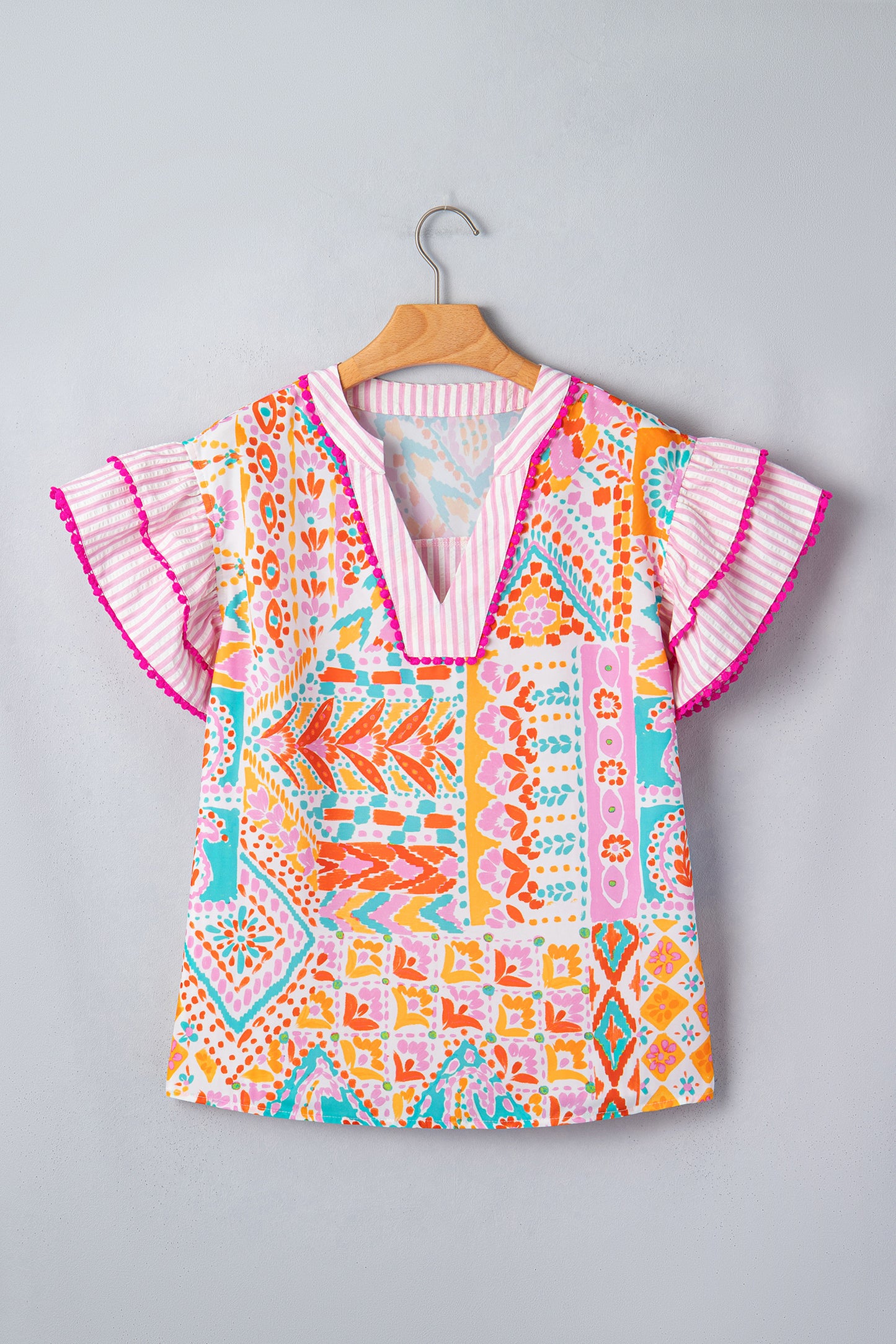 Boho Patchwork Print Flutter Sleeve V Neck Blouse