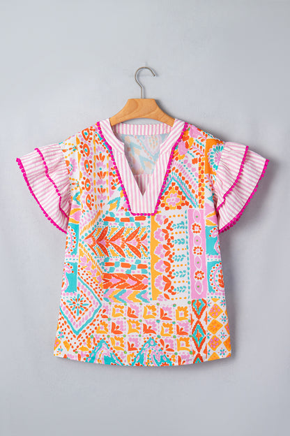 Boho Patchwork Print Flutter Sleeve V Neck Blouse