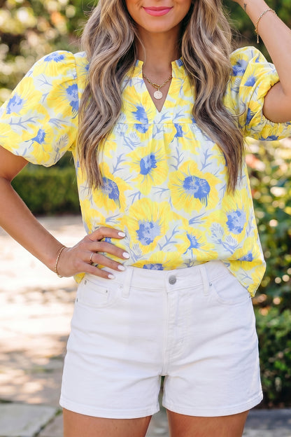 Floral Print Bubble Sleeve Loose Fit Summer Blouse