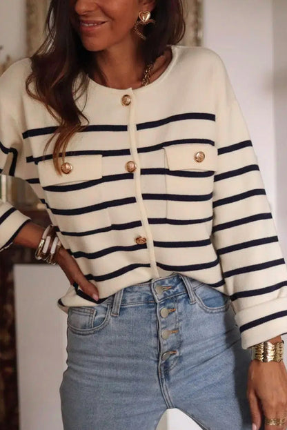 Black Stripe Flap Pocket Buttoned Cardigan Sweater