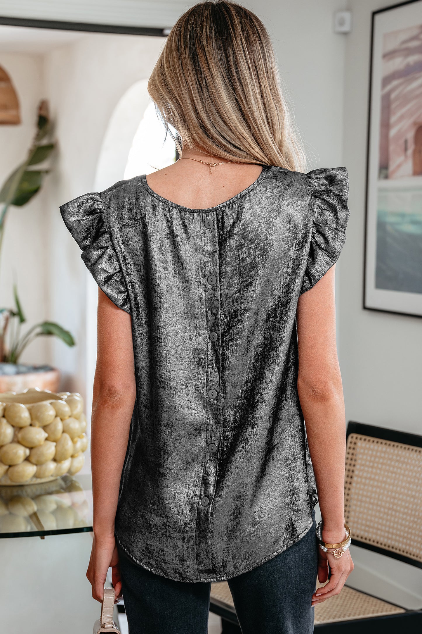 Silver Metallic Ruffle Shoulder Sleeveless Party Top