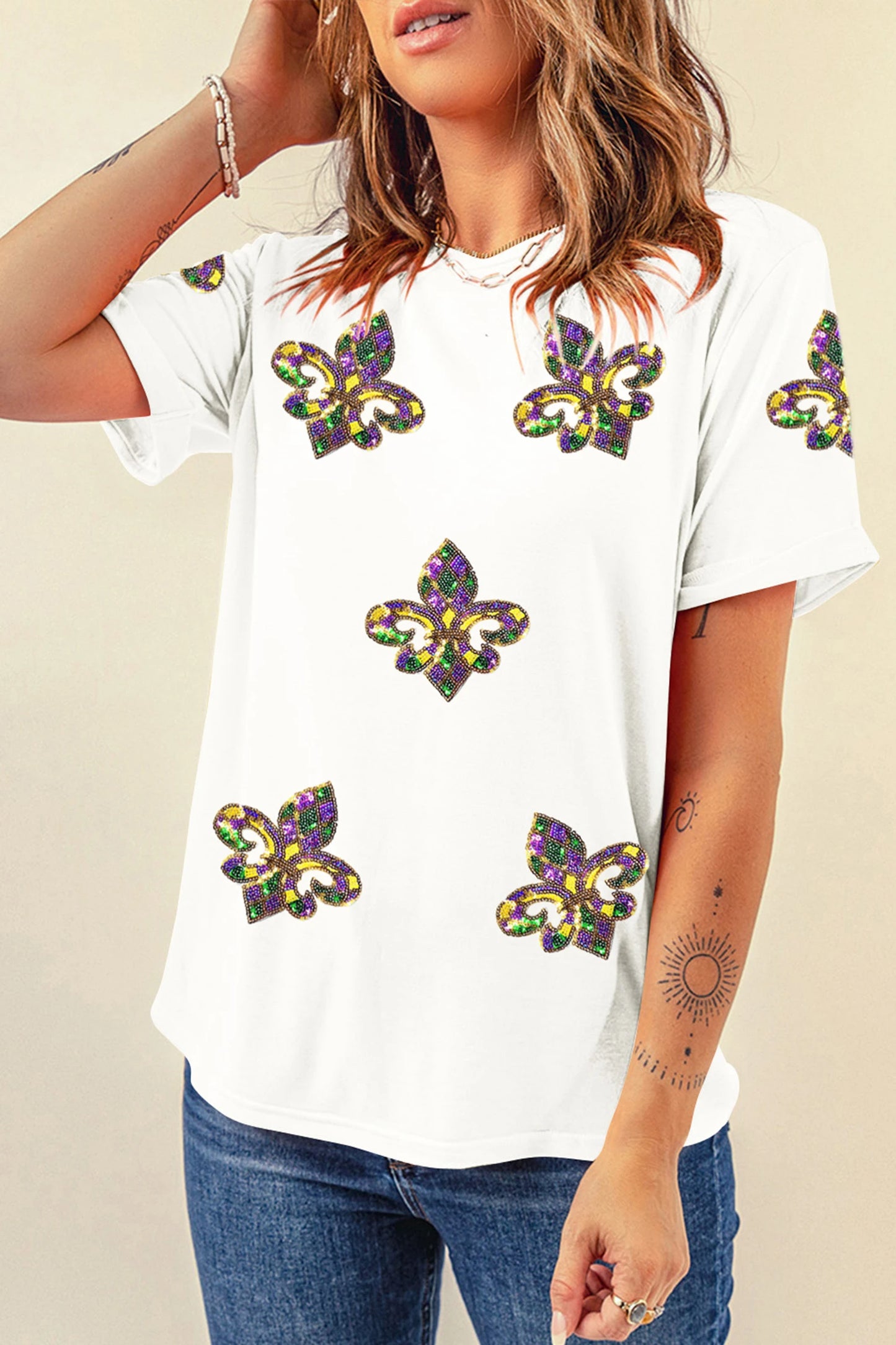 Black Mardi Gras Sequin Fleur De Lis Graphic T-Shirt