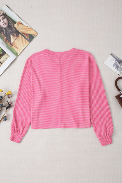 Bonbon Solid Color Corded Textured Long Sleeve Top