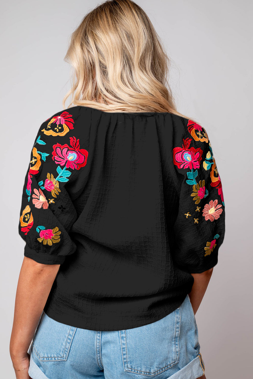 Floral Embroidered Ricrac Puff Sleeve Textured Blouse