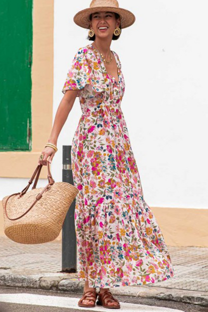 Easter Floral V Neck Short Sleeve Boho Maxi Dress